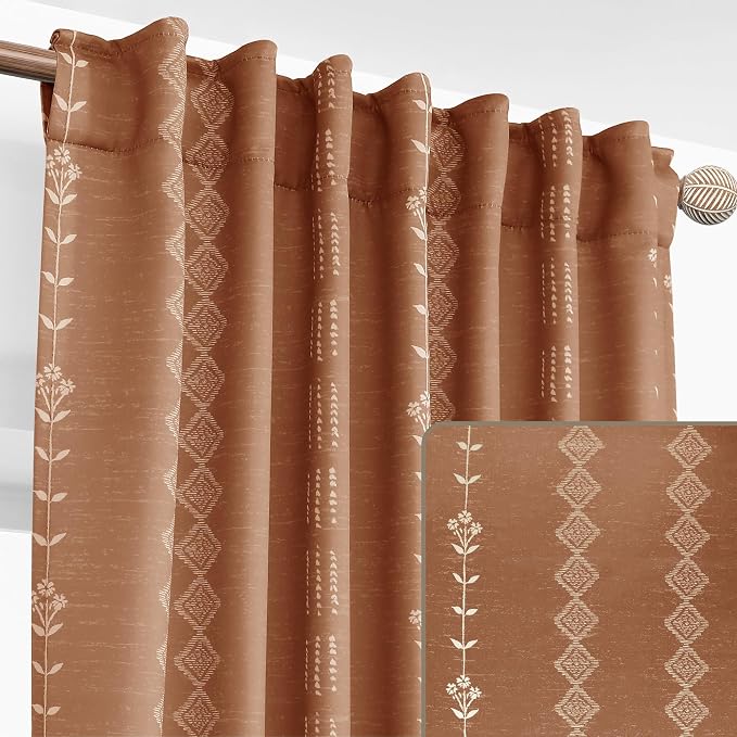90 Inch Long Moody Boho Blackout Curtains, Terra Cotta Floral Pattern Room Darkening Drapes for Living Room Bedroom 2 Panels Set