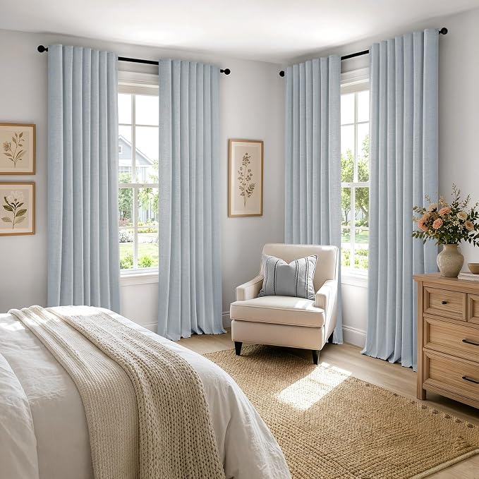 MIULEE 100% Blackout Linen Curtains for Bedroom, Chambray Blue Solid Luxury Decor Thermal Insulation Room Darkening Drapes for Living Room Back Tab Rod Pocket 42 x 96 Inches, 2 Panels