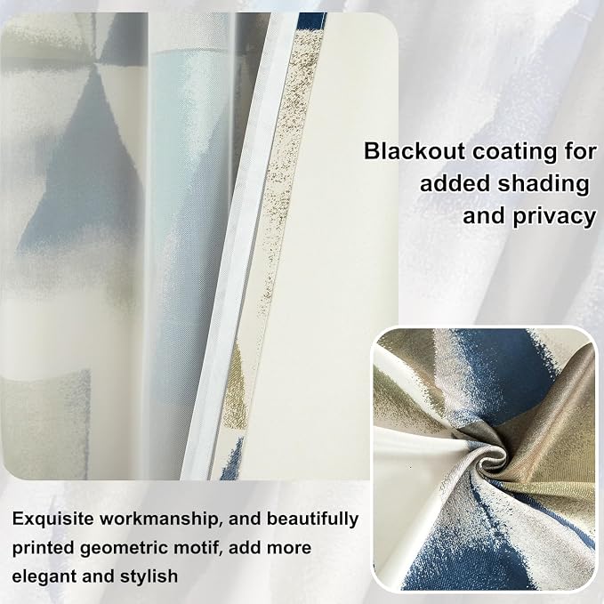 Leeva Grommet Double Layered Curtains and Solid Sheer, Modern Geometric Printing Privacy Window Treatment Curtain Panels for Bedroom Living Room, Blue, Set of 2, 52 x 84 Inches
