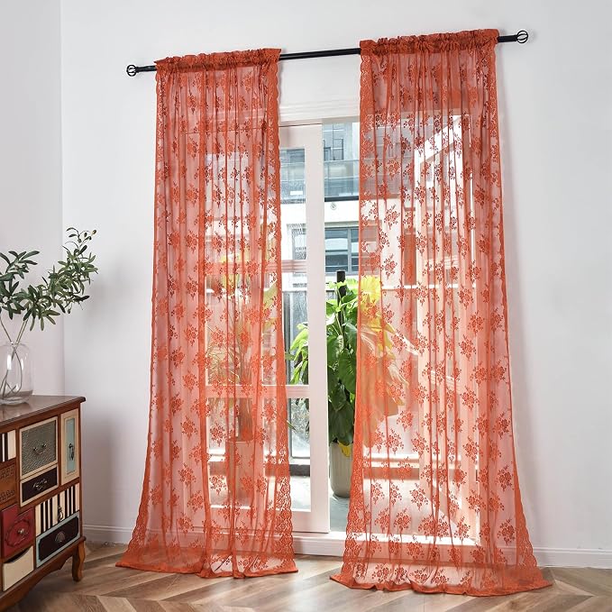 Kotile Burnt Orange Sheer Curtains 54 Inch Length 2 Panels, Country Rustic Lace Floral Fall Curtains for Bedroom, Rod Pocket Privacy Sheer Lace Curtains, 42 x 54 Inch Each, 1 Pair, Burnt Orange