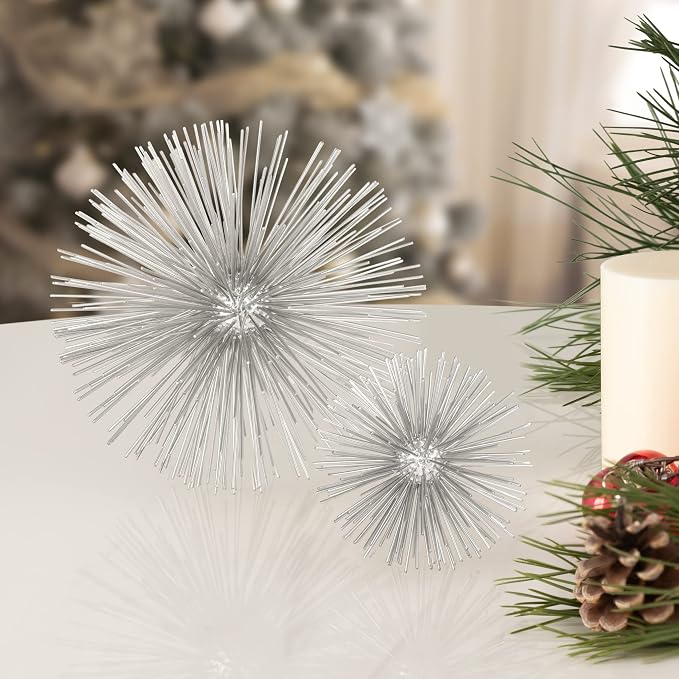 Torre & Tagus Spike Ball Silver Sphere Decor, Mid Century Modern Metal Silver Starburst for Home Decor On Shelf, Coffee Table, Wedding or Handmade Gift (4")