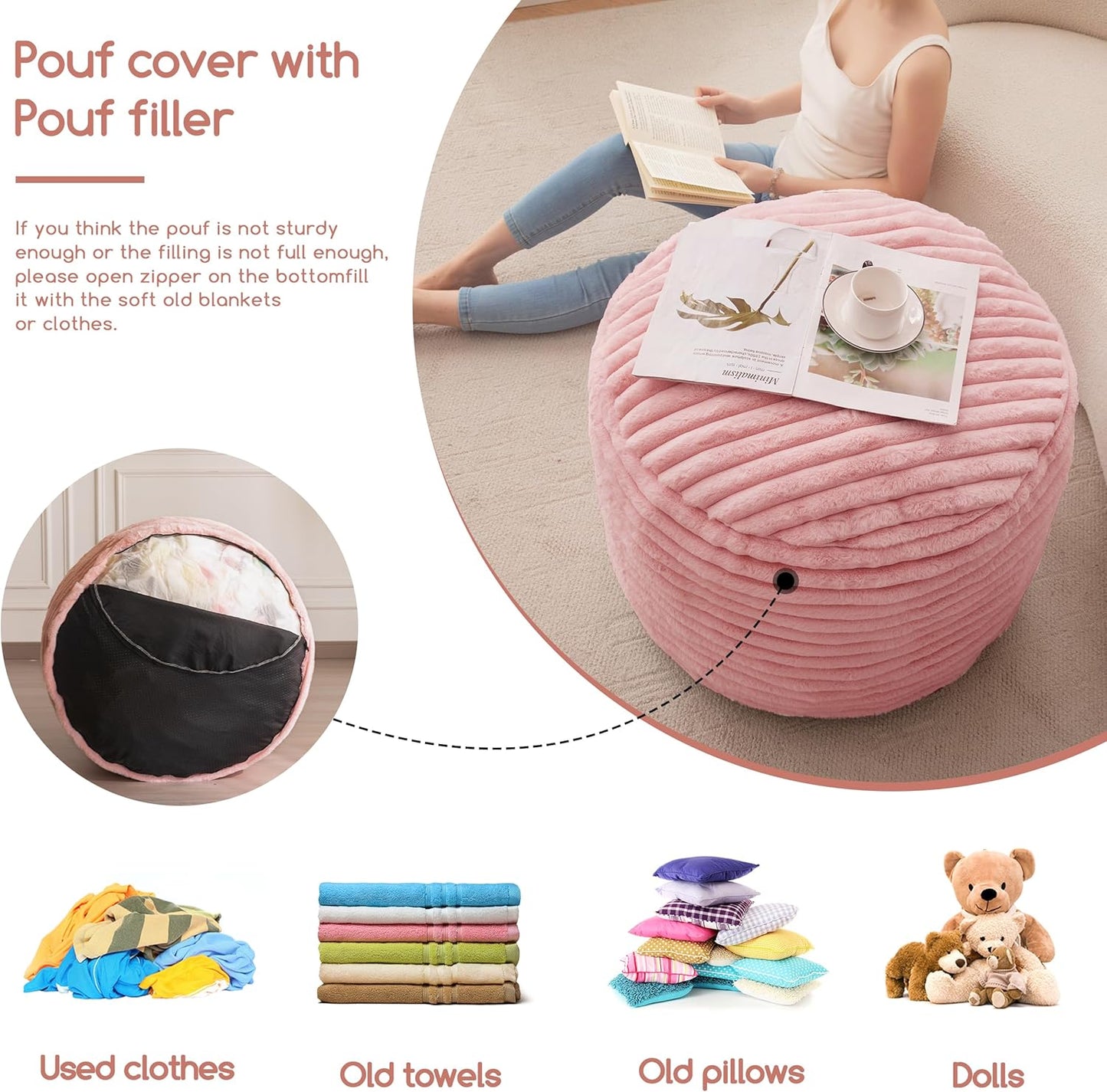 HIGOGOGO Round Stuffed Pouf Ottoman, Stripe Faux Fur Poufs with Foam Chunk Filling, Furry and Fluffy Pouf Foot Stool Storage Ottoman, 26 X 18 Floor Poufs Foot Rest for Living Room, Pink
