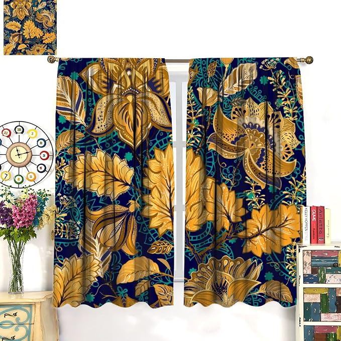 Floral-Patterned Blackout Curtains, Vintage Navy Blue with Gold Plant Motifs in Bohemian Style, Heat-Insulating Curtains for Living Rooms and Bedrooms42X54 Inch