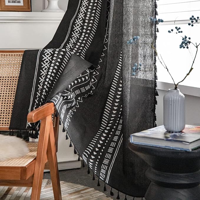 ColorBird Black Boho Curtains for Bedroom Room Darkening 63 Inch Farmhouse MCM Western Striped Aztec Window Treatment Patterned Drapes 2 Panles for Living Dining Room Kitchen Boho Chic Decor