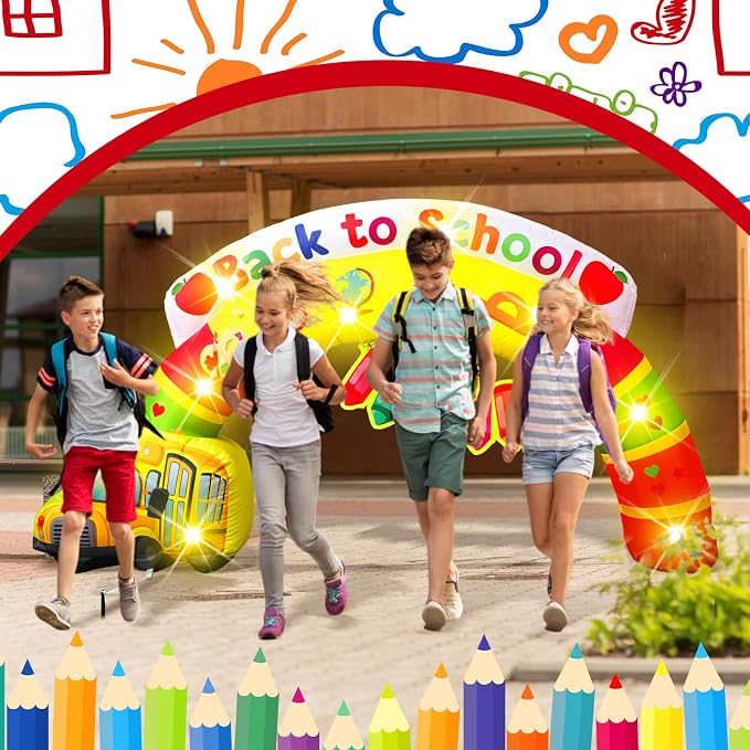 VIHOSE Back to School Inflatable Rainbow Arch, 6.5 FT Width Welcome Arch with School Bus Crayon Design,Built in LED Lights for Entrance Classroom Party
