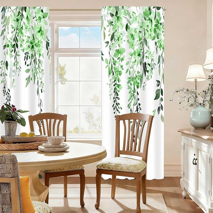 Green Watercolor Floral Curtains, Botanical Leaves Vine Flowers Curtain, Rustic Farmhouse Flower Leaf Blackout Window Treatment Drapes for Bedroom Living Room 52x90 inch, 2 Panels