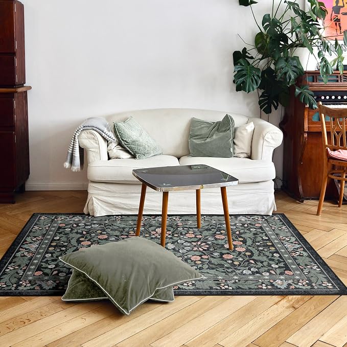 Floral Indoor Entrance 3x5 Area Rug, Washable Vintage Boho Entryway Rugs, Low Pile Non Slip Soft Carpet for Kitchen, Bedroom Beside, Laundry Room, Office Rug, Kids Room, Nursery Room,Black Green