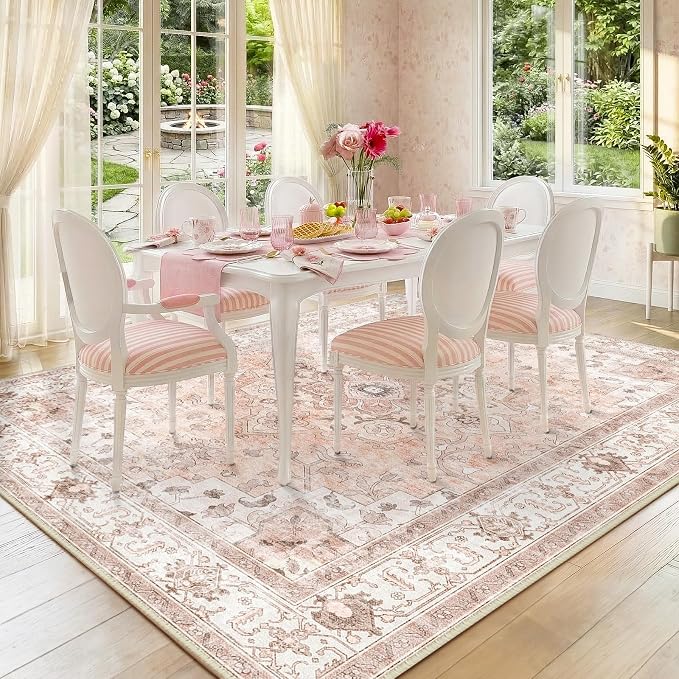 CAPALOCA Machine Washable Rugs Nursery Rug 5x8 Cute Girl Non Slip Low Pile Water Repellent Soft Print Pattern for Bedroom Indoor Decor Kids Playroom Pink