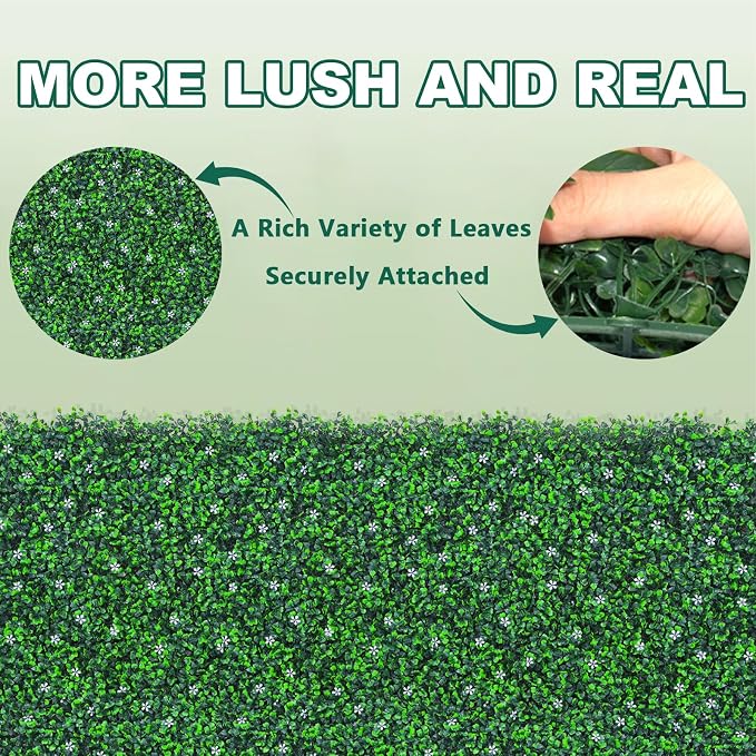Yangrass Boxwood Roll Panels with White Flower, 48"x120" (40 sqft) Artificial Ivy Privacy Fence Screen, UV-Anti Faux Boxwood Roll Grass Wall Panels for Garden Patio Balcony Decor