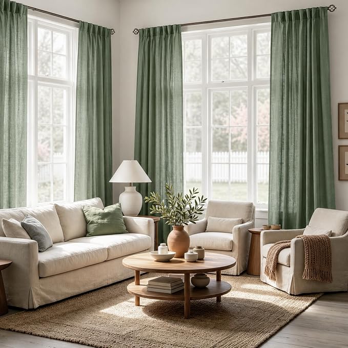 Linen Blend Olive Green Curtains 86 inch Length 2 Panels for Bedroom Back Tab Light Filtering Semi Sheer Drapes Linen Cotton Textured Loden Green Airy Modern Farmhouse Living Room Sage Aesthetic Decor