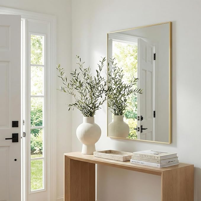 40"x30" Satin Gold Framed Rectangle Bathroom Vanity Wall Mirror | Over-Sink Vanity Mirror, Slim Metal Frame, Entryway or Dresser Use, Vertical/Horizontal Mount, Tempered Glass