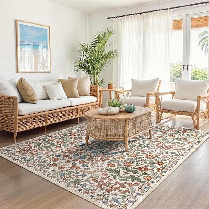 5x7 Washable Area Rug for Living Room, Floral Non-Slip Non-Shedding & Easy Care, Soft Low Pile Forest Boho Indoor Floor Carpet for Living Room, Bedroom, Farmhouse, Dining Room, Kids Playroom, Beige