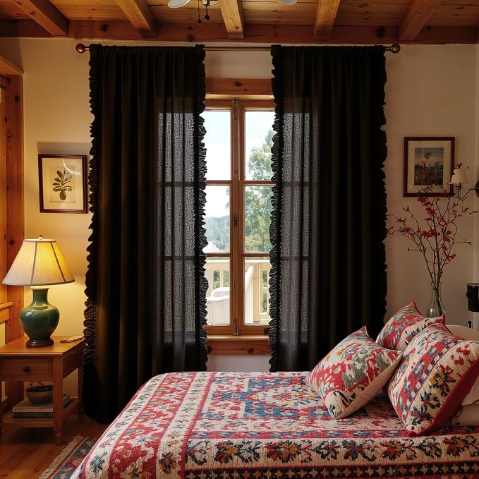 TERLYTEX Black Ruffled Curtains 84 Inches Long 2 Panels, 58 x 84 Inch, Linen Textured Black Ruffle Curtains for Living Room Rod Pocket Privacy Light Filtering Farmhouse Semi Sheer Flowy Window Drapes