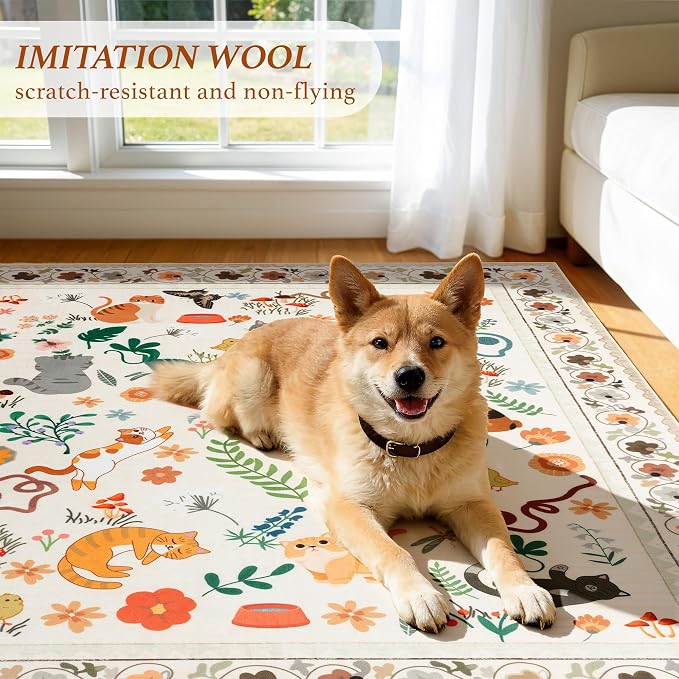 LIANLAM 2.7x8 Cat Themed Runner Rug for Hallway & Kitchen, Washable Non-Slip Long Carpet with Playful Feline Prints, Pet Friendly & Easy Clean Low Pile Floor Mat(2.7x8,Beige)