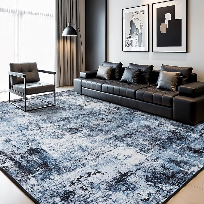 Rugflix 9x12 Area Rugs for Living Room, Washable Large Rug Stain-Resistant Low Pile, Modern Dark Carpet for Dining Room Home Office Kid Room Nursery Bedroom, Navy Blue/Black