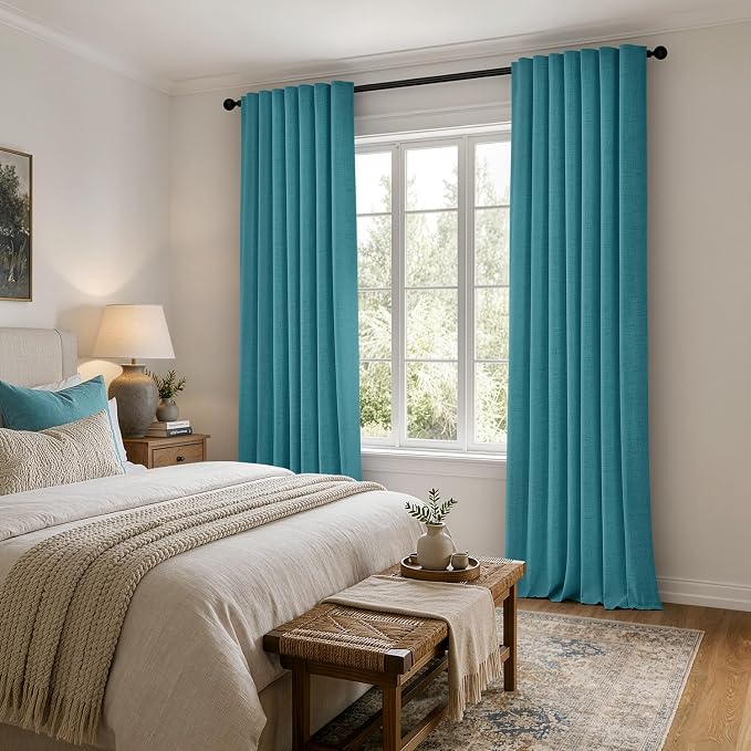 MIULEE 100% Blackout Linen Curtains for Bedroom, Teal Solid Luxury Decor Thermal Insulation Room Darkening Drapes for Living Room Back Tab Rod Pocket 42 x 96 Inches, 2 Panels