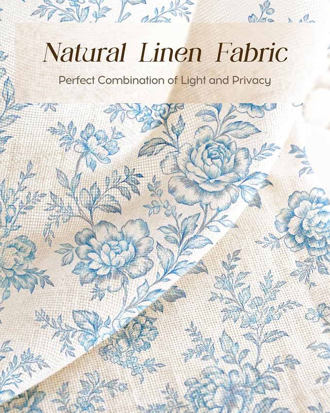 Miss Adola Farmhouse Kitchen Tier Curtains - 24 Inch Length Linen Blend Cafe Curtains Blue Floral Small Window Treatments Over Sink Rod Pocket for Bathroom Living Room Light Filtering, 2 Panels