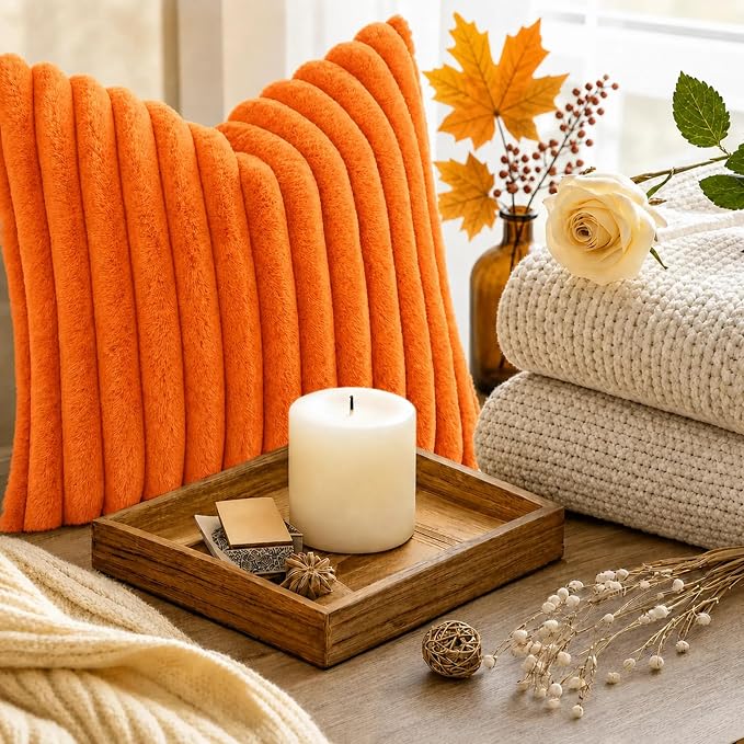 decorUhome Fall Cozy Faux Fur Throw Pillow Covers 12x20 Set of 2 Decorative Soft Plush Striped Lumbar Modern Farmhouse Boho Couch Pillow Cases with Velvet Back for Sofa Bed Living Room, Orange