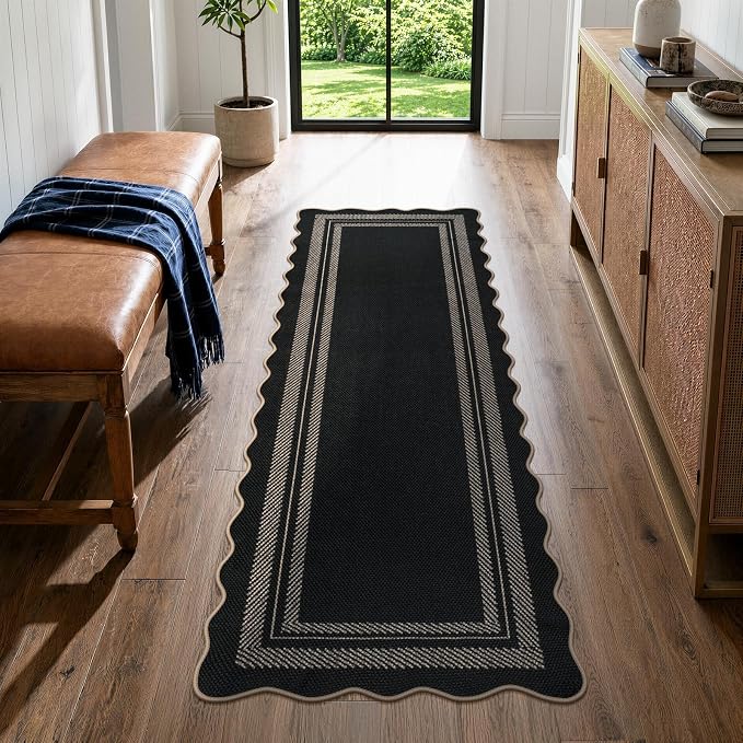 LIVEBOX Scalloped 2x6 Kitchen Runner Rug, Easy Jute Black Rugs for Entryway Hallway, Indoor Outdoor Washable Non Slip Rug Farmhouse Modern Carpet Door Mat for Porch Bedroom Laundry Room 6ft Entry