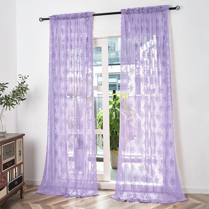 Kotile Light Purple Sheer Curtains 63 Inch Length, 2 Panels, W42 x L63 Inch Each, Country Rustic Floral Vintage Lace Curtains for Girls Room, Rod Pocket Privacy Light Filtering Lacy Window Curtain