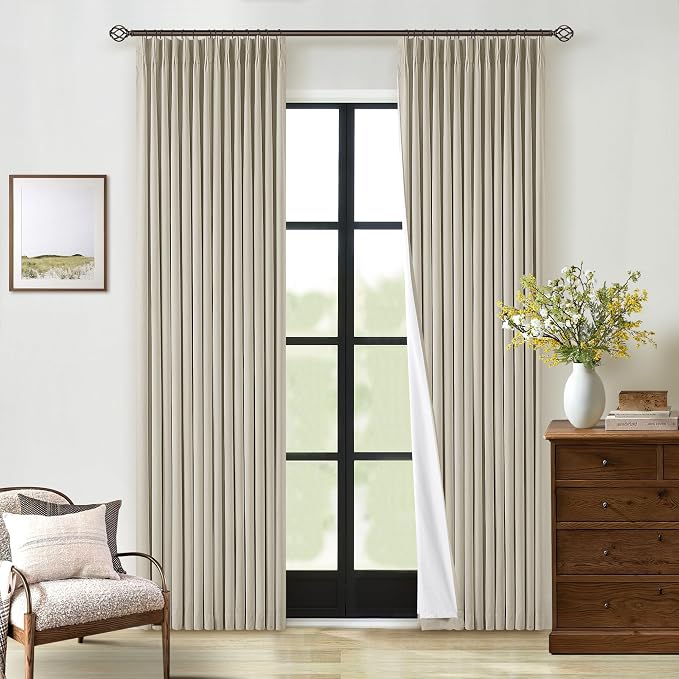 Beige Pinch Pleated 100% Blackout Linen Curtains for Bedroom 84 Inch Length Room Darkening with Liner Oatmeal Neutral Window Curtains 84 Inches Long for Living Room Black Out Pleat Drapes Back Tab