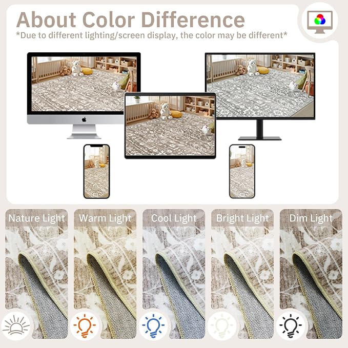 Soalmost Area Rugs 4x6 for Living Room, Neutral Washable Soft Rugs | Stain Resistant Floral Vintage Non-Slip Carpet for Entryway Dining Room Kitchen Farmhouse 4'x6' Light Brown