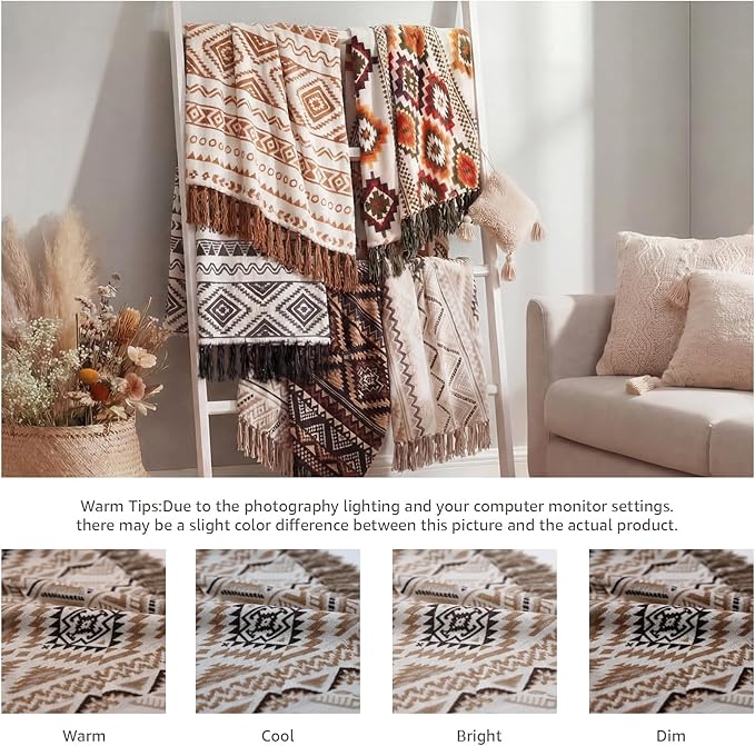 CASAAGUSTO Boho Throw Blanket for Couch - Farmhouse Throw Blanket with Tassel, Western Aztec Blanket,Printed Flannel Bohemian Blanket,Gifts for Women(60x80 Inches, Brown White)