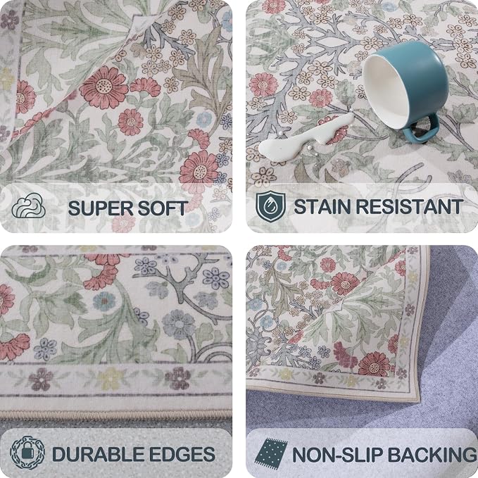 Area Rug for Living Room, 10x12 Large Washable Rugs for Dining Room, Bedroom, Non Slip Stain Resistant Carpet, Low Pile Vintage Floral Rug (Light Green)