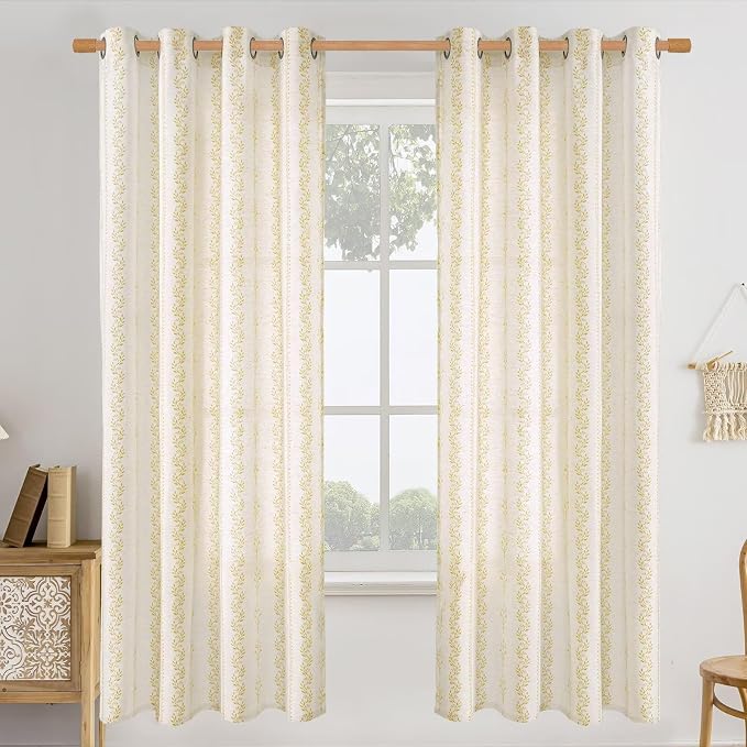BGment Mustard Yellow Vintage Floral Linen Curtains for Farmhouse - Boho Curtains 72 Inch Long Light Filtering Window Drapes for Country Rustic Bedroom, Each 52 Inch Wide, 2 Panels Set