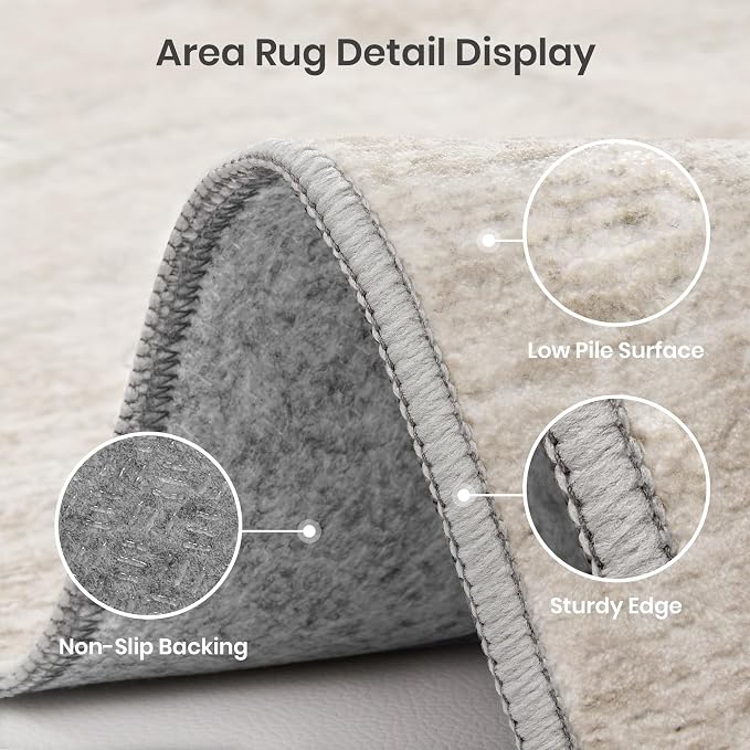 Valenrug Washable Round Area Rugs 6x6 - Stain Resistant 6ft Round Rugs for Living Room, Non Slip Backing Printed Rugs for Bedroom, Folable Machine Washable Area Rug (6ft, Beige)