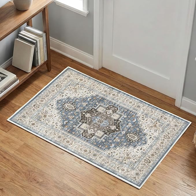 2x3 Rug for Entryway Hallway-Vintage Farmhouse Boho Floral Neutral Washable Stain Resistant Indoor Rugs for Home Decor(Floral Blue)