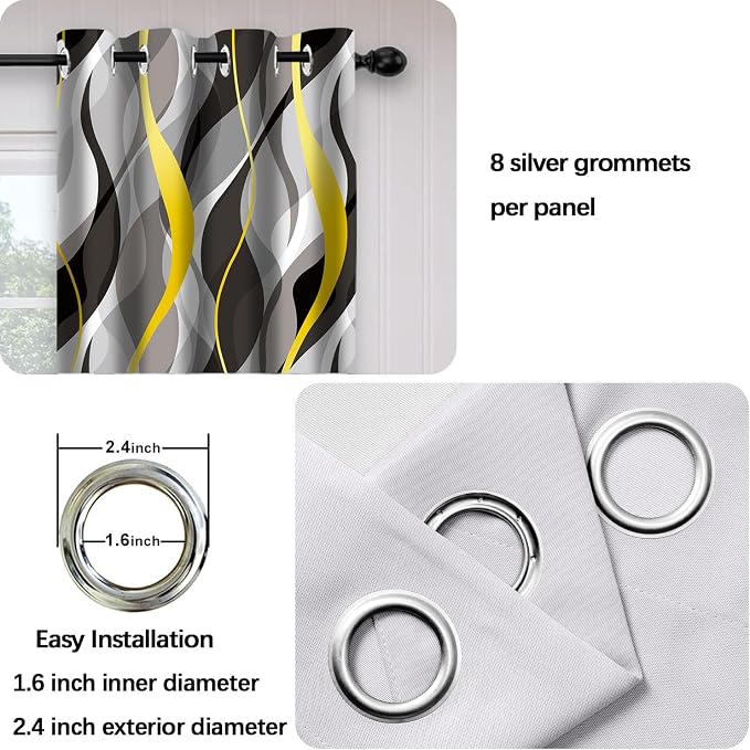 iTapnoom Black Gray Striped Blackout Curtain, Yellow White Abstract Ombre Window Curtains Darkening Thermal Insulated Window Drapes for Living Room Bedroom Decor 2 Panels 52x84 Inches