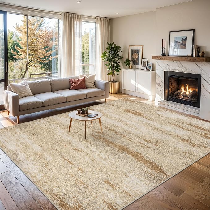 Area Rugs 9x12 Living Room - Washable Rug Modern Abstract Soft Large Neutral Non-Slip Carpet Indoor Floor Stain Resistant Thin Carpets for Bedroom Dining Room Farmhouse Nursery Home Office Beige
