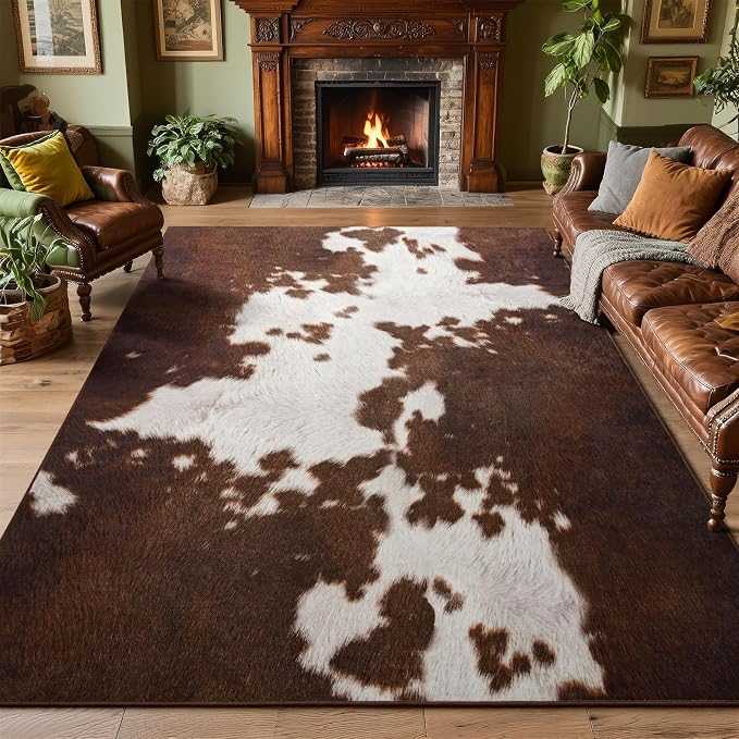DweIke Cow Print Rugs for Living Room, 5x7 Soft Faux Animal Cowhide Area Rug, Washable Non-Slip Stain Resistant Throw Carpet for Dining Room Office Western Home Decor, Red Brown