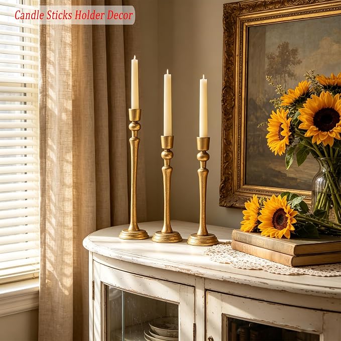 Antique Iron Taper Candle Holder Set of 3, Decorative Candle Stand | Heavy Cast Iron Candle Holder for Table Centerpiece, Candlestick Holder for Wedding, Dinning, Party, Antique Brass Finish