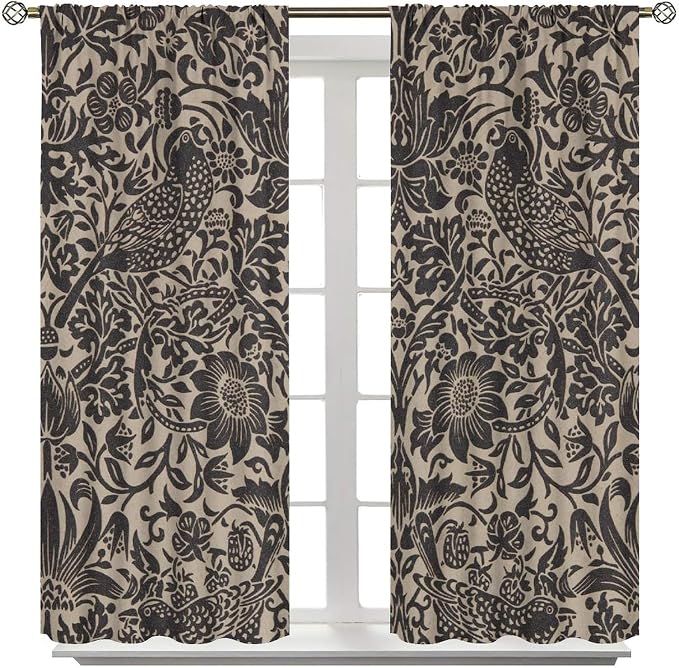 William Morris Style Blackout Window Curtains, Vintage Flower Birds Medieval Abstract Floral Window Drapes, for Living Room Bedroom 21(W)*63(L) 2 Panels