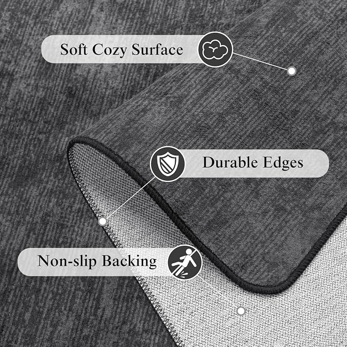 2.7x8 Washable Area Rug, Black Solid Area Rugs for Living Room & Bedroom | Stain-resistant & Non-slip backing,Low Pile Washable Large Carpet, Solid Vintage Style For High Traffic Areas(2.7x8,Black)