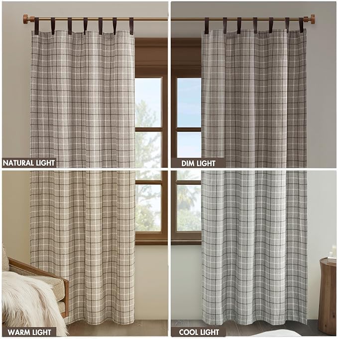 Madison Park Anaheim Cabin Plaid Curtain Window, Thermal Insulated Fleece Lining, Living Room Decor Room Darkening Drape for Bedroom, 1-Single Panel Pack, 50x95 Faux Leather Tab Top, Brown