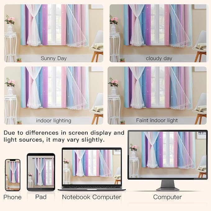 XiDi Girls Curtains for Bedroom, Purple Rainbow Blackout Curtains fo Kids Room Decor, Princess Unicorn Wall Decals Pink 63 Inches Long 34 Wide 1 Panel