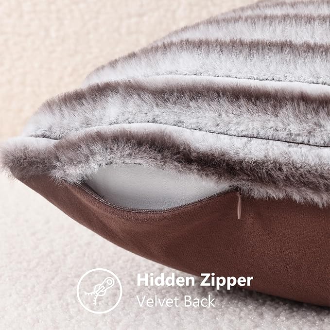 decorUhome Fall Cozy Faux Fur Throw Pillow Covers 12x20 Set of 2 Decorative Soft Plush Striped Lumbar Modern Farmhouse Boho Couch Pillow Cases with Velvet Back for Sofa Bed Living Room, Brown White