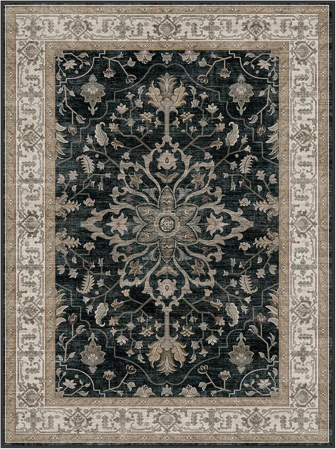 RELEANY Area Rugs Large 10'x14' Washable Non-Slip, Floral Vintage Distress Medallion Carpet for Living Room Bedroom Dining Room, Vintage Black Brown Neutral