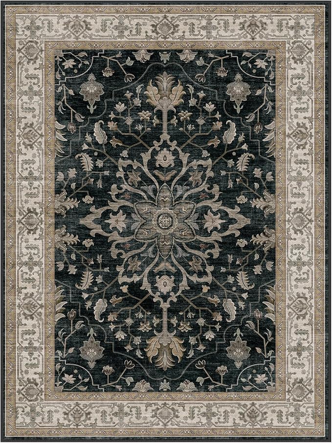 RELEANY Area Rugs Square 7ft Washable Non-Slip, Floral Vintage Distress Medallion Carpet for Living Room Bedroom Dining Room, Vintage Black Brown Neutral