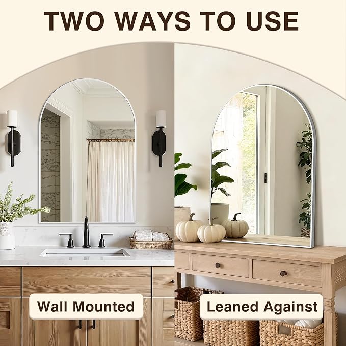 Bathroom Vanity Mirror for Wall, 30”x20” Arched Bathroom Mirror for Over Sink, Arched Metal Frame for Bedroom, Living Room, Entryway, Hanging or Leaning, Silver