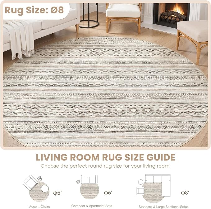 cotiled 8x8 Round Area Rugs Living Room Rug: Washable Boho Rugs with Non Slip Backing Large Soft Indoor Stain Resistant Carpet for Bedroom Farmhouse Dining Room Lightweight Home Decor Cream Brown