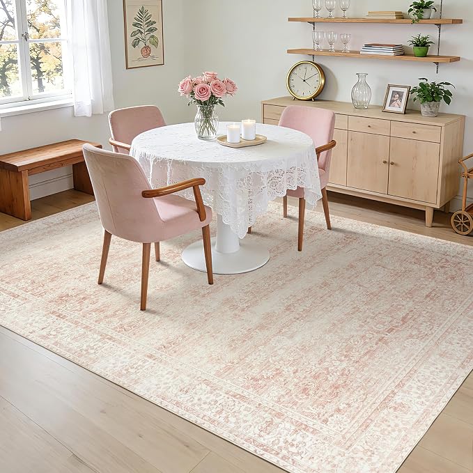 Pink Area Rug for Living Room Low Pile Soft 8 x 10 Carpet with Non Slip Washable Neutral Boho Floral Rugs for Hardwood Floor Protector Extra Large Area Rugs 8x10 for Big Nursery Bedroom Livingroom