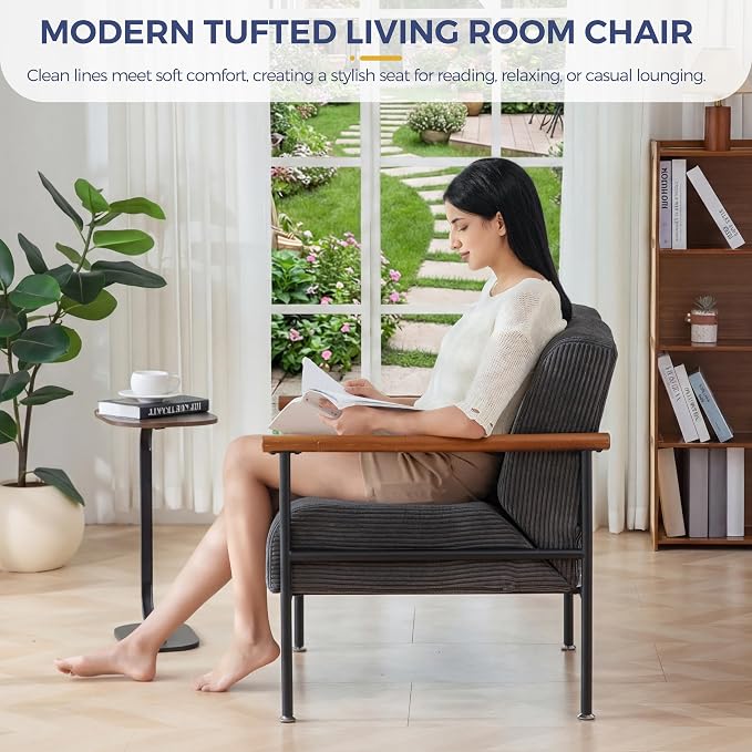 MAXYOYO Living Room Accent Chair, Modern Chair with Metal Frame | Upholstered Reading Chair Modern Living Room Chair with Support Cushion for Bedroom Balcony Porch, Dark Grey