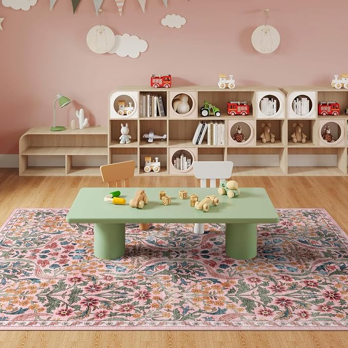 6x9 Washable Area Rug for Living Room, Floral Non-Slip Non-Shedding & Easy Care, Soft Low Pile Botanical Indoor Floor Carpet for Living Room, Bedroom, Farmhouse, Dining Room, Kids Playroom, Pink