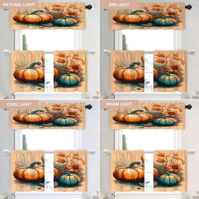 Shrahala Autumn Pumpkin Harvest Blackout Curtain Tiers, Abstract Art Hand Painting Flowers Grass Kitchen Valance Light Blocking Tier Drapes with Rod Pocket, 2 Pack 26 X 24 in