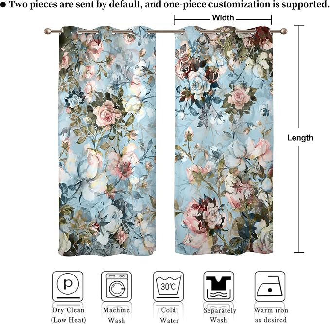 Renaiss Blue Rose Floral Blackout Curtains, Light Blue Watercolor Flowers Blossom Bedroom Window Curtains, Vintage Grommet Window Drapes for Living Room 42W x 84L 2 Panels Set