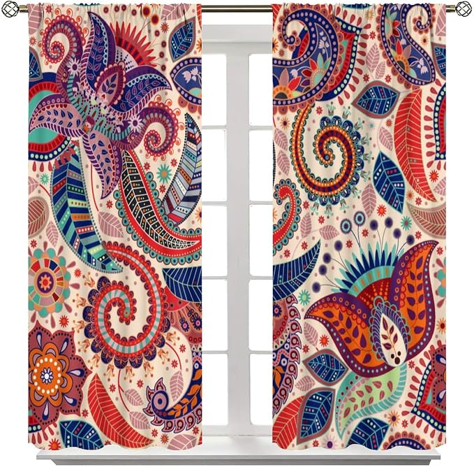 Boho Decorative Curtains Bedroom Living Room Rod Pocket Curtains, Vintage Boho Grill Floral Pattern 2 Panel Set, 55x63 in.